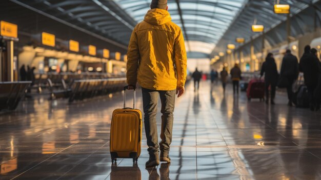 homem com bolsa olhando para um aeroporto