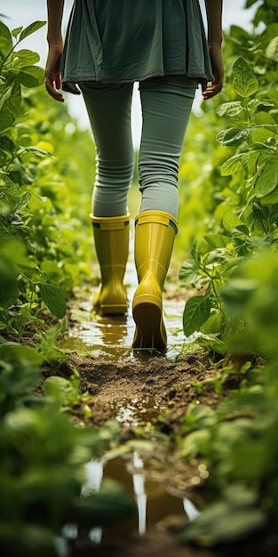 Homem com botas de borracha no campo colhendo IA generativa