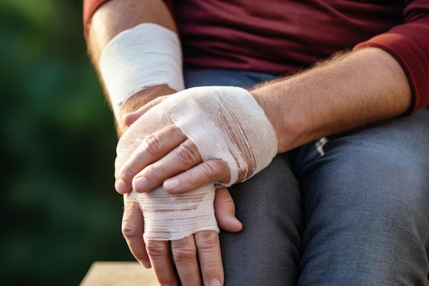 Foto homem com braço vendado e gesso na mão ia generativa