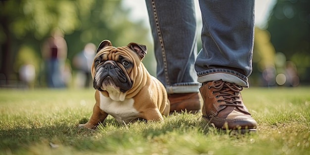 Homem com buldogue andando em um parque de verão IA generativa