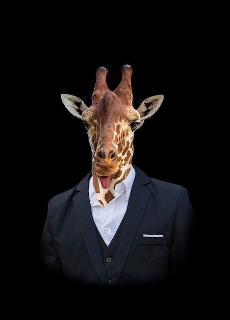 Homem com cabeça de girafa em terno preto com língua presa em pé posando isolado no fundo preto Retrato emocional do empresário com cara de girafa louca e engraçada olhando para a câmera