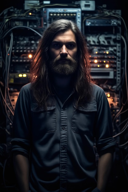 Homem com cabelo longo e barba de pé em frente ao servidor de IA generativa