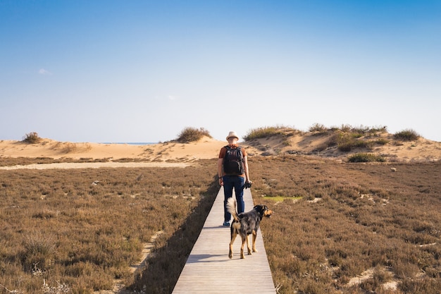 Homem com cachorro andando no caminho de madeira na praia e olhando para a distância do oceano.