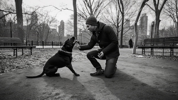 Homem com cachorro brincando no parque Ilustração AI GenerativexA