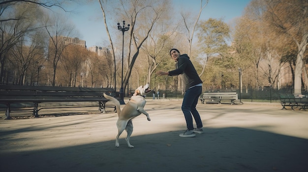 Homem com cachorro brincando no parque Ilustração AI GenerativexA