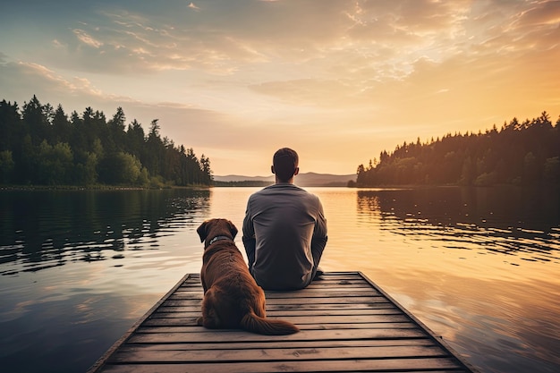 Homem com cachorro sentado no cais do lago ao pôr do sol Generative AI