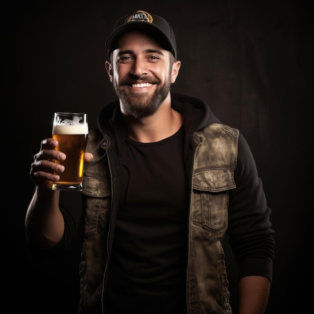 Foto homem com cerveja em um fundo preto