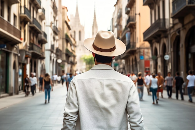 Homem com chapéu caminhando pelas ruas de Barcelona homem de viagem com paisagem viagem