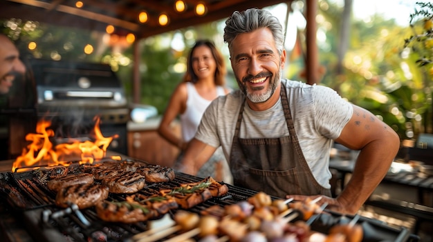 Foto homem com chapéu de chef sorri enquanto cozinha alimentos naturais na grelha de churrasco