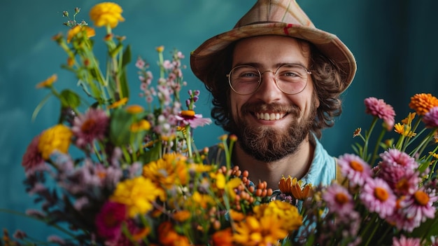 Homem com chapéu e óculos segurando um buquê de flores