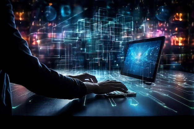 Homem com computador e código digital em fundo escuro