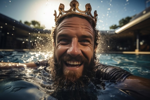 Homem com coroa nadando na piscina