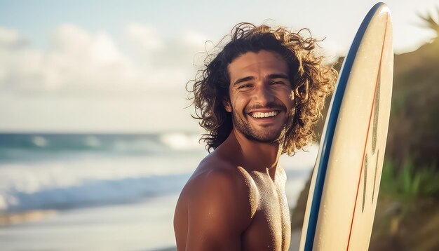 Foto homem com corpo atlético na praia num dia ensolarado