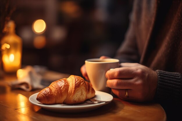 Homem com croissant e uma chávena de café