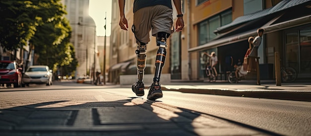 Homem com deficiência com membro artificial andando na rua de uma visão de baixo ângulo