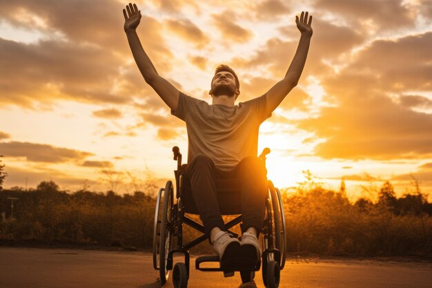 Homem com deficiência em cadeira de rodas com as mãos levantadas ao pôr-do-sol ou ao nascer do sol Homem deficiente com deficiência tem uma esperança Ele está sentado na cadeira de rolos e estendendo as mãos ao pór-do- sol AI Gerado
