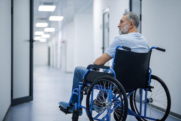 Homem com deficiência em cadeira de rodas em um centro de reabilitação