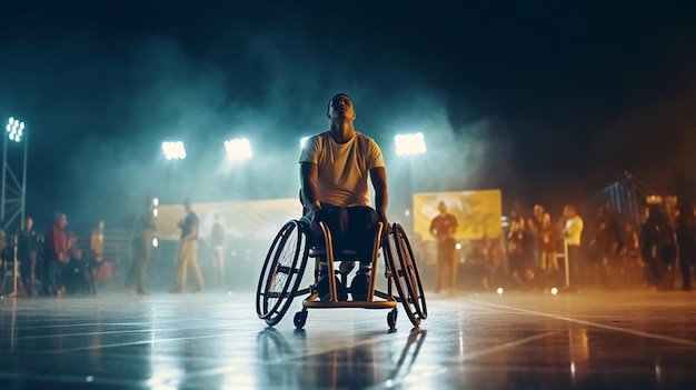 Homem com deficiência em cadeira de rodas joga basquete em um campo de basquete coberto
