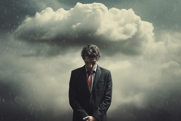 Homem com depressão e nuvem chuvosa