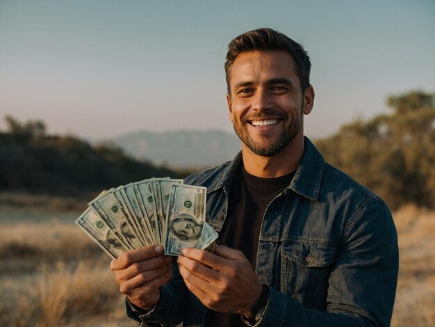 Foto homem com dinheiro e sorrindo.