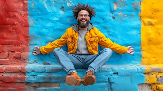 Homem com dreadlocks sentado na parede azul e amarela