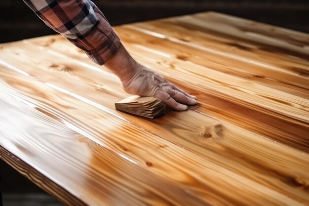 Foto homem com escova aplicando mancha de madeira em superfície de madeira em ambientes fechados.