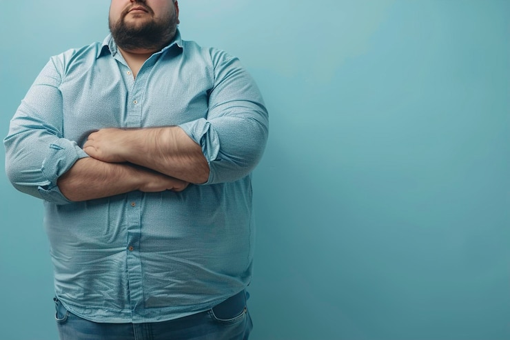 Foto homem com excesso de peso em camisa apertada em fundo azul claro