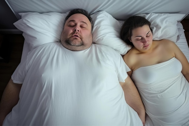 Homem com excesso de peso ronca alto enquanto dorme ao lado de sua esposa gorda no quarto gerado por IA
