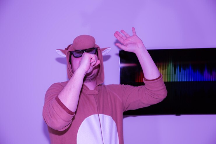 Foto homem com fantasia de cosplay de uma vaca cantando no karaokê. cara de pijama engraçado animal segurando o microfone. foto engraçada com gravador de bobina. idéias para festas. música retro discoteca.
