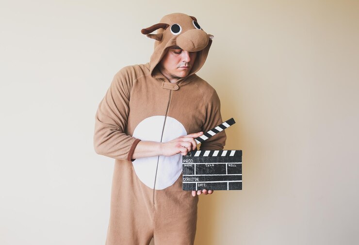 Foto homem com fantasia de cosplay segurando claquete preta. cara de pijama engraçado animal fazendo um filme. direção e de cinema amador. conceito criativo. anime japonês.