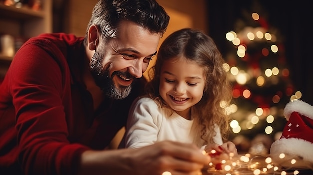 Foto homem com filha tocando brinquedo de natal em casa