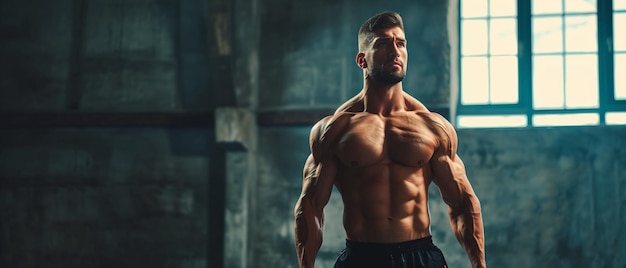 Homem com físico tonificado a mostrar os resultados de um treino motivacional.