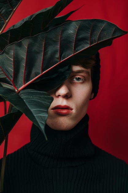 Homem com folha em fundo vermelho