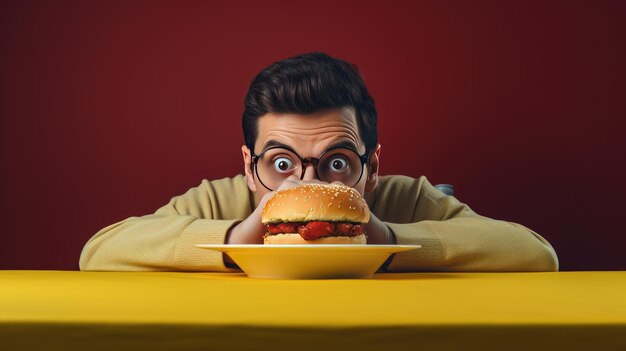 Foto homem com fome com ânsia de comer um hambúrguer um cara muito com fome conceito de dieta criado com tecnologia de ia generativa