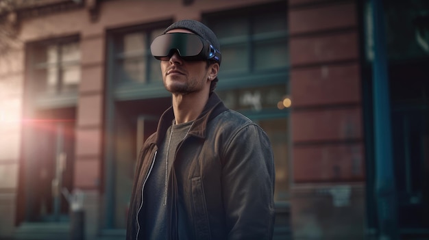 Homem com fone de ouvido de realidade virtual criado com IA generativa