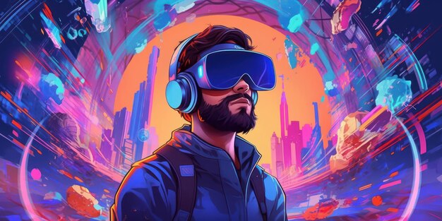 Homem com fone de ouvido VR Explore o metaverso Vidro de realidade virtual da tecnologia moderna Generative Ai