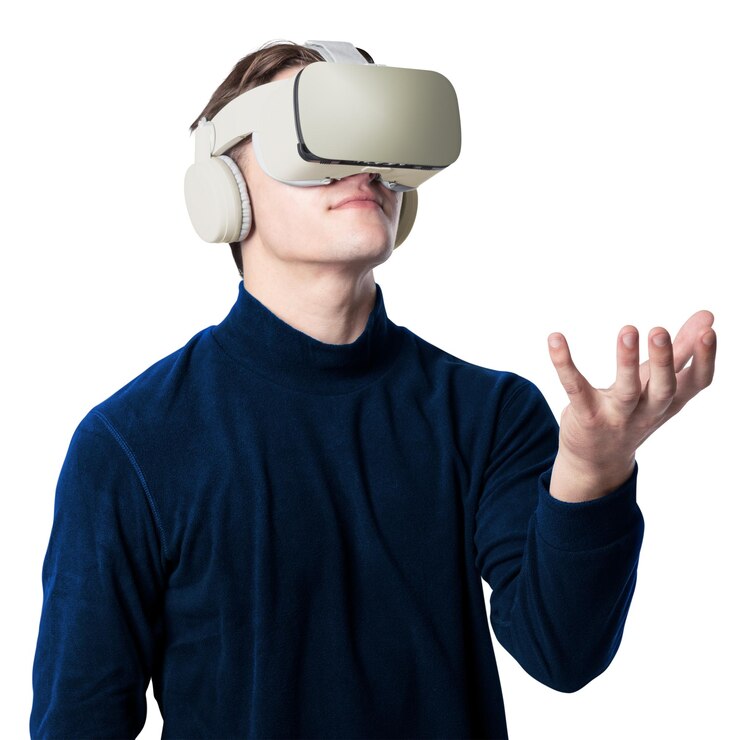 Foto homem com fone de ouvido vr png mockup tocando objeto invisível tecnologia inteligente