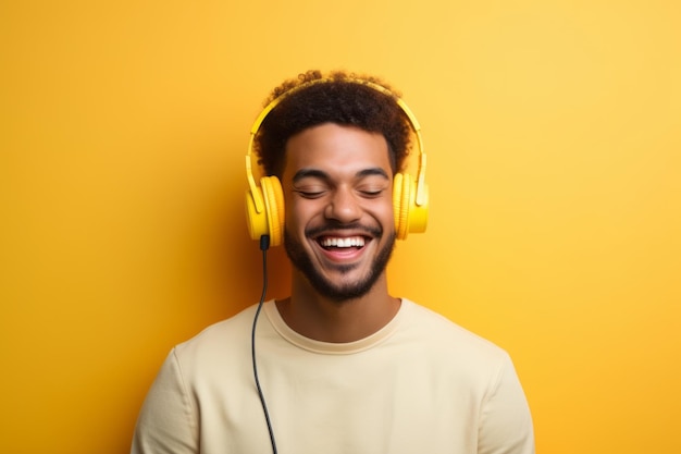 Homem com fones de ouvido desfrutando de música contra a parede amarela bela imagem de ilustração IA generativa