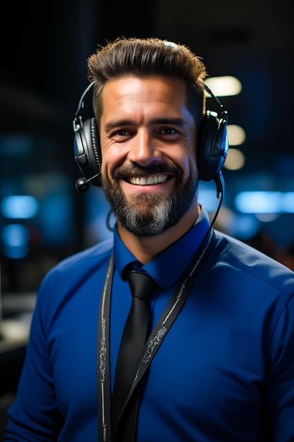 Foto homem com fones de ouvido e camisa azul sorri ai generativa