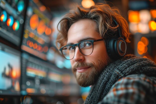 Foto homem com fones de ouvido em um estúdio de edição moderno com várias telas