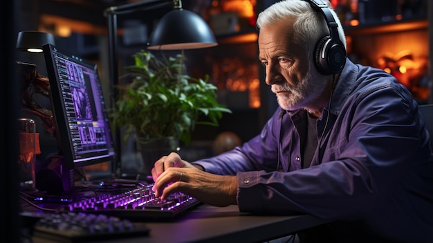 Homem com fones de ouvido usando computador