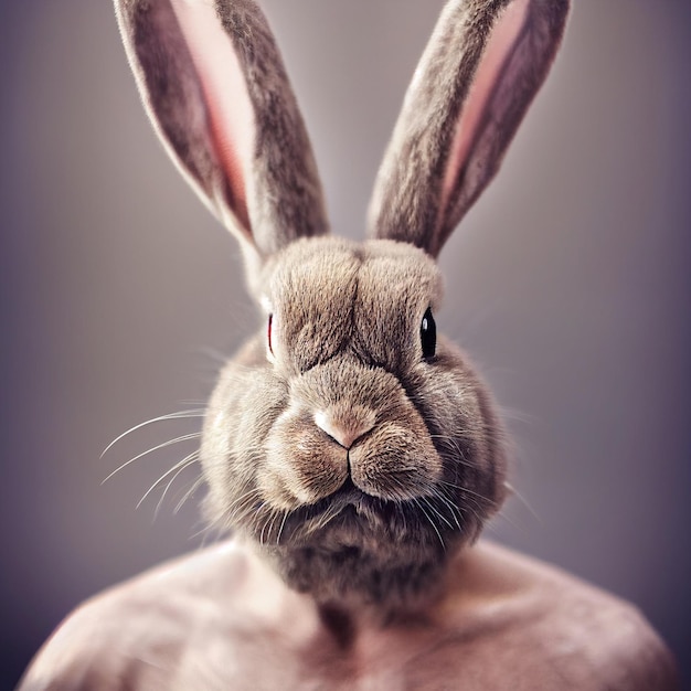 Homem com fotomontagem engraçada de cabeça de coelho com raiva