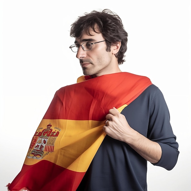 Foto homem com glasess com bandeira espanhola