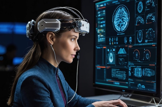 Foto homem com interface cérebro-computador conduzindo pesquisa