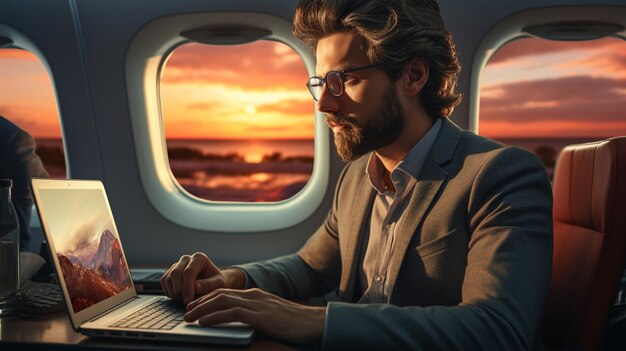 Foto homem com laptop e fones de ouvido sentado em um avião a jato