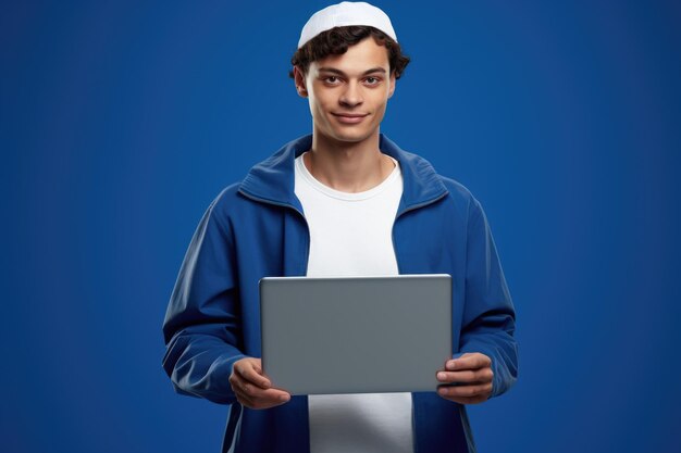 Foto homem com laptop em jaqueta azul