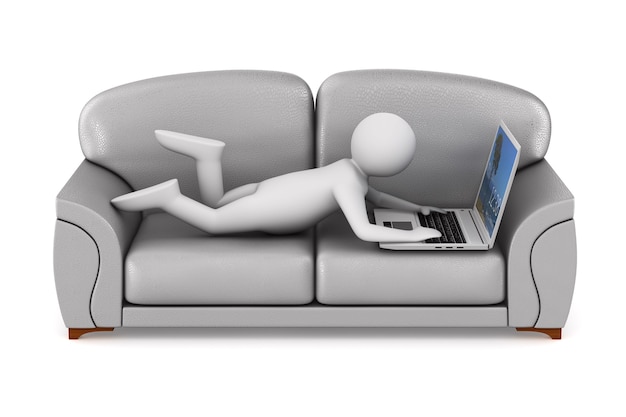 Homem com laptop no espaço em branco. Ilustração 3D isolada