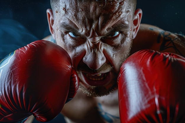 Homem com luvas de boxe foto de estilo de ação parece ela carregando atacando gritando expressão de raiva