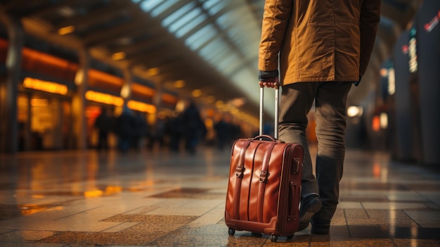 Homem com mala na estação ferroviária em close-up Conceito de viagem