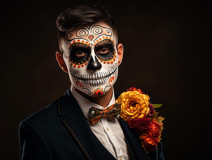 Foto homem com maquiagem do dia dos mortos com pose divertida